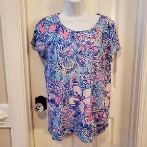 Lilly Pulitzer Etta Multicolor Floral Short Sleeve Cotten Top Sz Medium